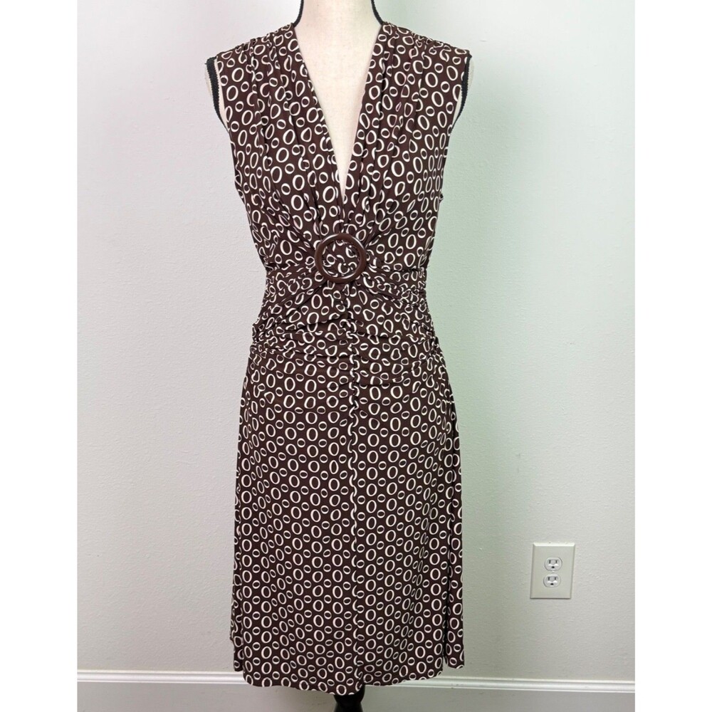 Alyn Paige Brown Geometric Print Buckle Sheath Dress Large Retro Career Office